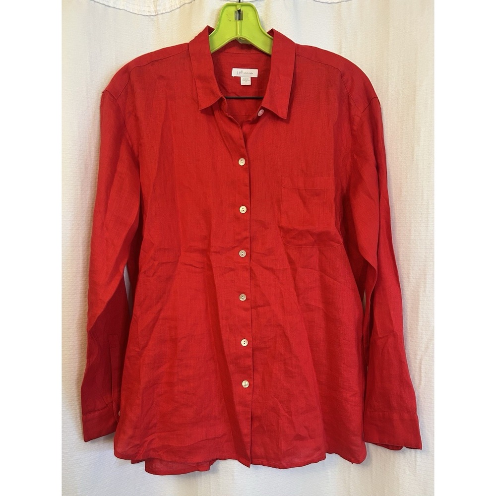 J. Jill Love Linen Shirt Womens Large Red Button Down Sz Small Coastal Beach
